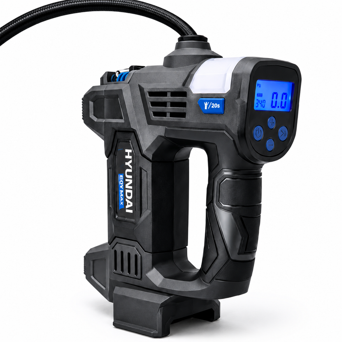 Hyundai 20V Cordless Tyre Inflator – Digital PSI Gauge, Auto Shutoff, Work Light & Emergency Beacon – Skin Only