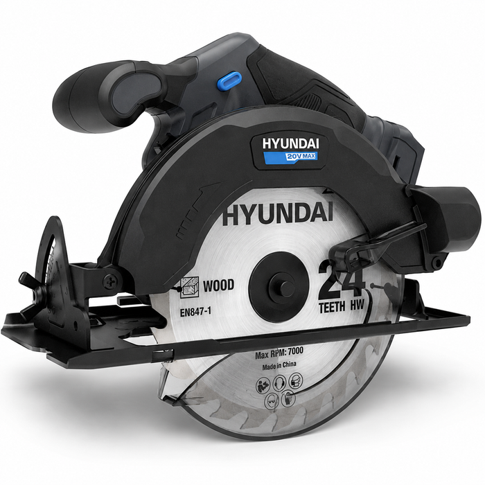 Hyundai 20V Cordless Circular Saw – 165mm Blade, Bevel Cuts, Dust Port – Skin Only