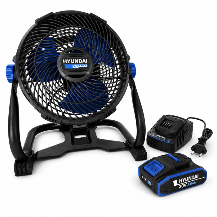Hyundai 20V Cordless Camping & Job Site FAN KIT– 360° Adjustable Airflow, Dual Speed Cooling for Camping, Workshop & Garage