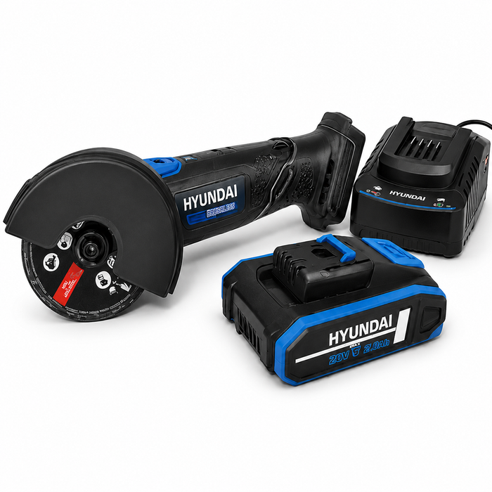 Hyundai 20V Cordless Angle Grinder Kit – Cut Metal, Tile & Bolts Anywhere | Includes 2.0Ah Battery + Charger