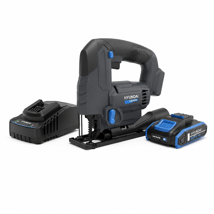 Hyundai 20V Cordless Jigsaw Kit – Battery & Fast Charger Included, 2500 SPM Power Saw, Cuts Wood Plastic & Steel, DIY Renovation Cutting Tool (JS20S-24/ B120-2/C202)