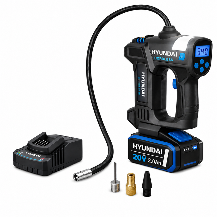 Hyundai 20V Cordless Tyre Inflator Kit – 150 PSI Portable Air Compressor + 2.0Ah Battery & Fast Charger | Car, Bike, 4WD, Camping & Emergency Tyre Pump (IF20S / B120-2 / C202-2)