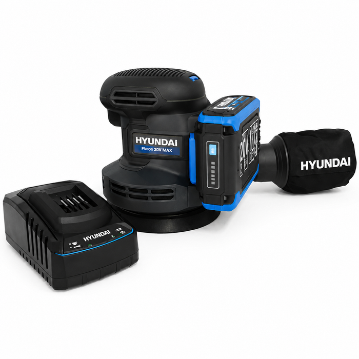 Hyundai 20V Cordless ORBITAL SANDER KIT– 125mm Variable Speed + 2.0Ah Battery & Fast Charger - Wood Sanding, Paint Prep & DIY Renovation