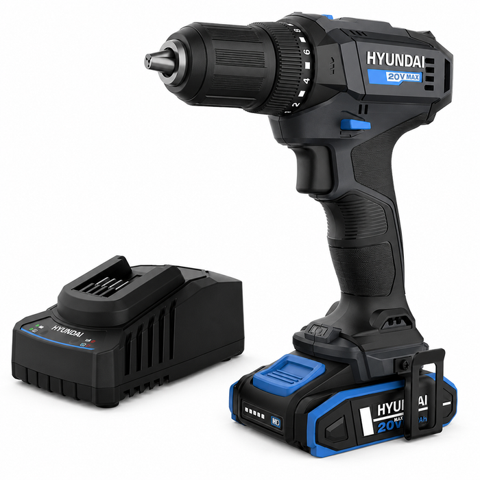 Hyundai 20V 40Nm Cordless Driver Drill, 2Ah Battery and Charger Kit, 2-Speed, LED Light, 13 mm Chuck