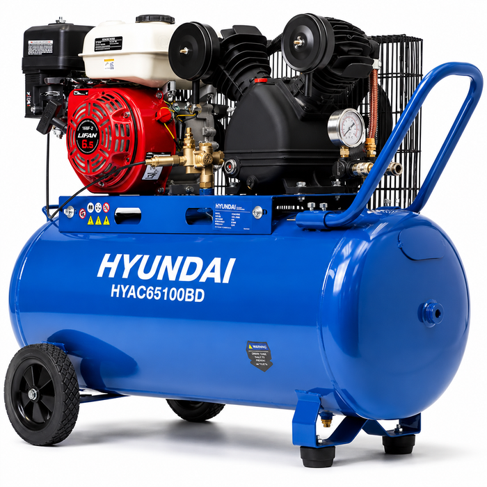 Hyundai 6.5HP Petrol Air Compressor – 100L Tank, 116PSI, Belt Drive, 312L/min, Portable & Heavy-Duty