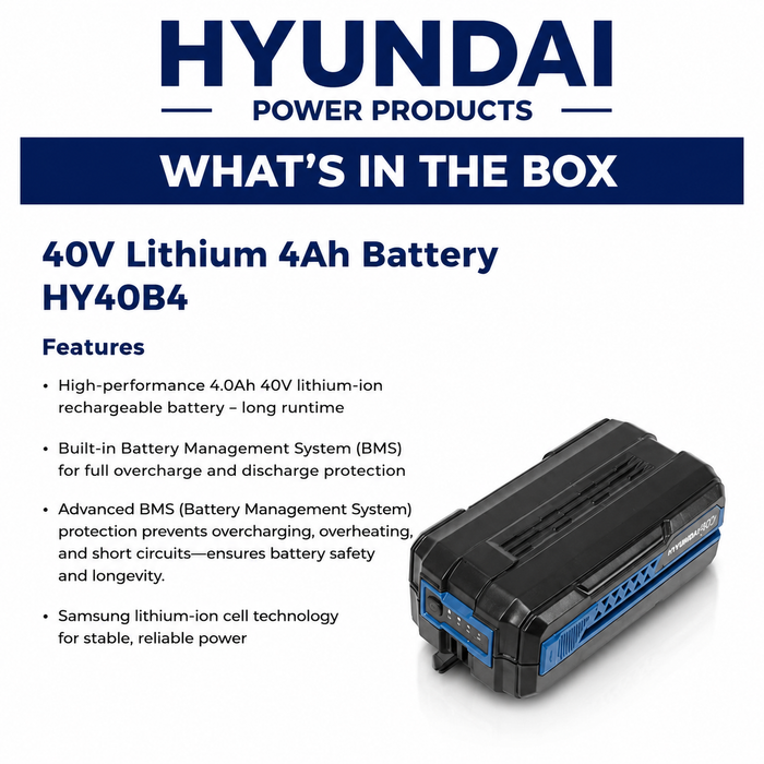 Hyundai 40V LITHIUM 4Ah BATTERY – Rechargeable Power Pack for Hyundai 40V Garden Tools (HY40B4)