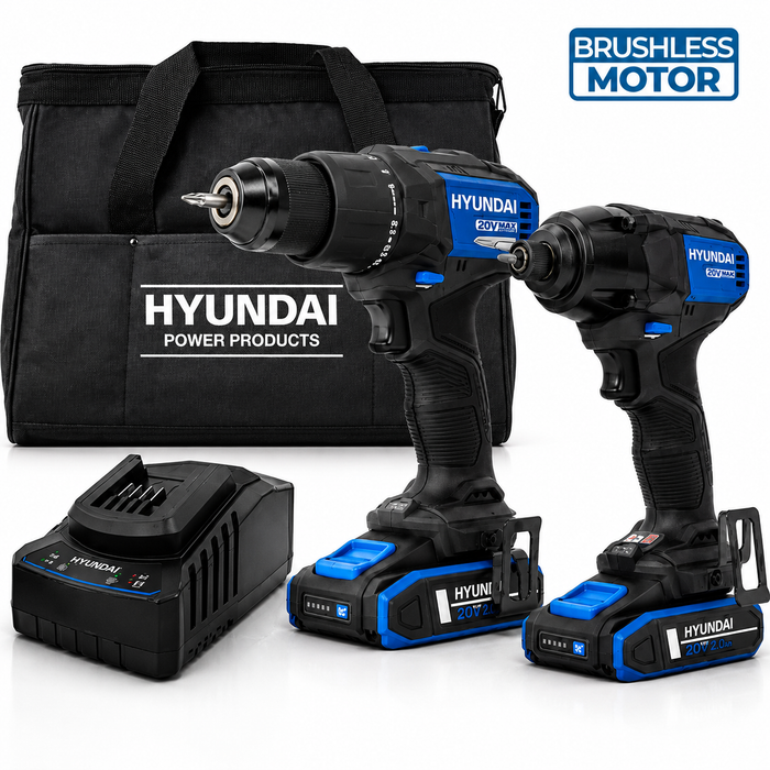 Hyundai 20V Brushless Drill & Impact Driver Combo Kit – 60Nm Hammer Drill + 230Nm Impact Driver, 2 x Batteries, Charger, Trade & DIY Power Tools Australia