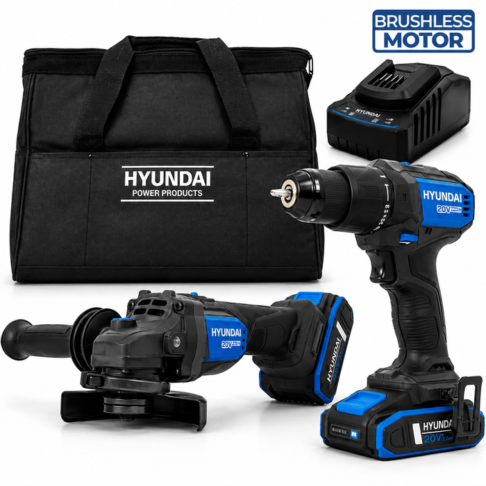 Hyundai 20V Brushless Hammer Drill & Angle Grinder Combo Kit – 60Nm Drill + 115mm Grinder, 2.0Ah & 4.0Ah Batteries, Charger, Trade & DIY Power Tools Australia