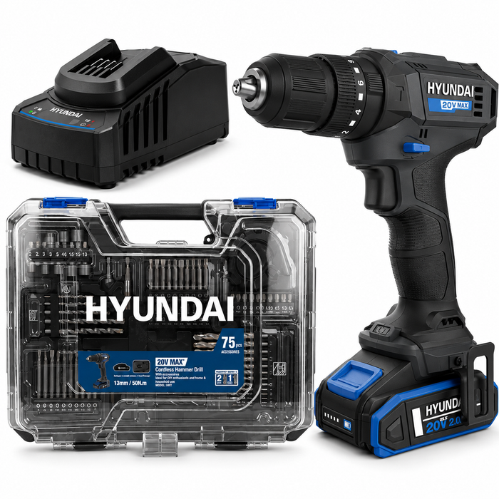 Hyundai 20V Cordless Hammer Drill 50Nm – Complete 75-Piece DIY Tool Kit with Battery, Charger & Case | Hammer Drill Driver Australia