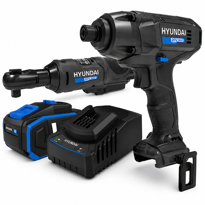 Hyundai Power Tools 2 Piece Kit - Impact Driver & Ratchet Wrench + 4Amp Battery and Charger