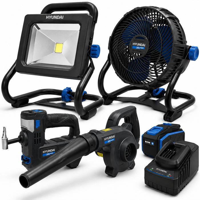 Hyundai Power Tools 4 Piece Kit - Tyre Inflator, Blower, Fan & LED Work Light + 4Amp Battery and Charger