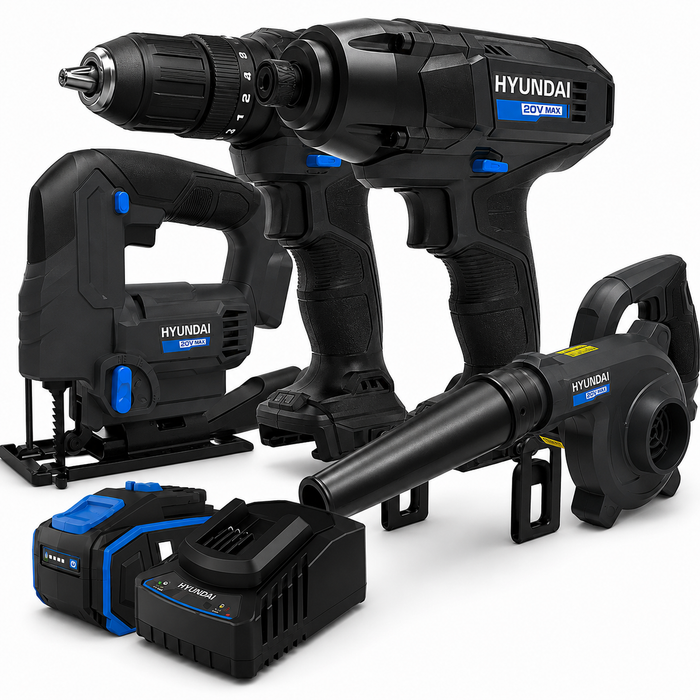 Hyundai Power 4 Piece Kit - Hammer Drill, Impact Driver, Jig Saw & Blower + 1 x 2Amp Battery and Charger
