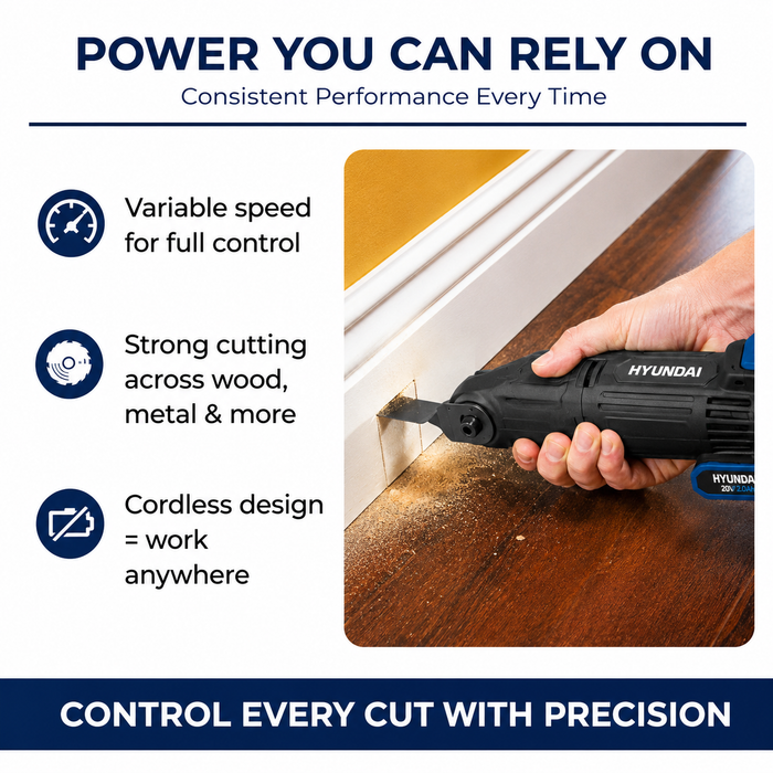 Hyundai 20V Cordless Multi Cutter Kit  – Oscillating Tool for Cutting, Scraping, Sanding + 20v2Ah Battery & Charger