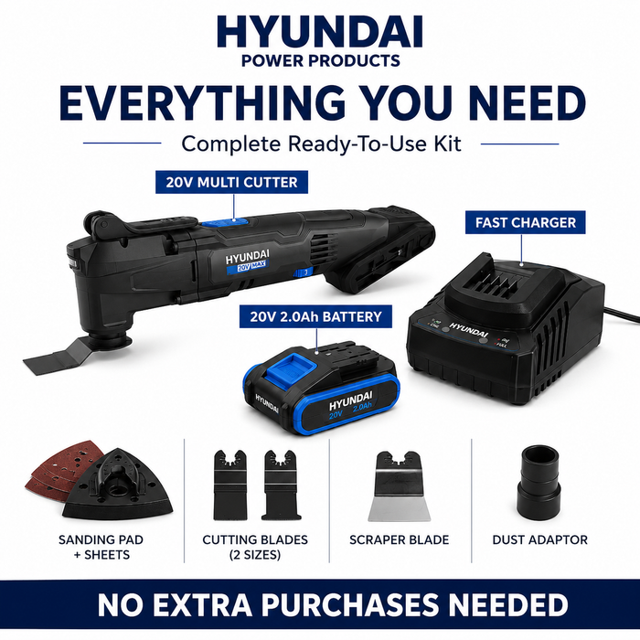 Hyundai 20V Cordless Multi Cutter Kit  – Oscillating Tool for Cutting, Scraping, Sanding + 20v2Ah Battery & Charger