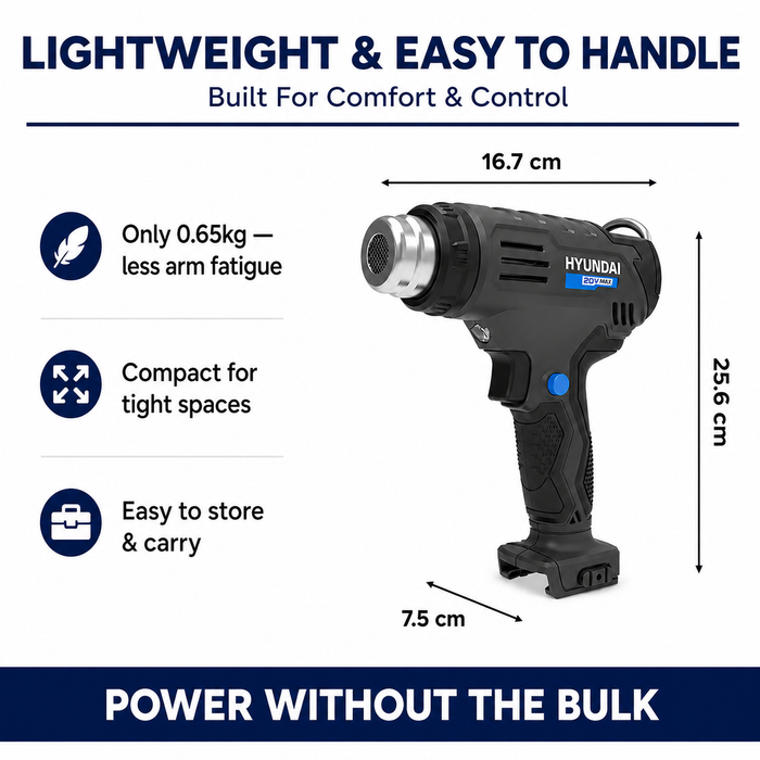 Hyundai 20V Cordless Heat Gun – 2 Temp Settings (350°C/550°C), Auto Cooldown, Lock-On Switch – Skin Only