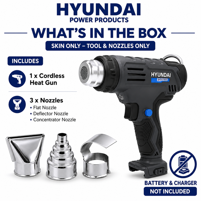 Hyundai 20V Cordless Heat Gun – 2 Temp Settings (350°C/550°C), Auto Cooldown, Lock-On Switch – Skin Only