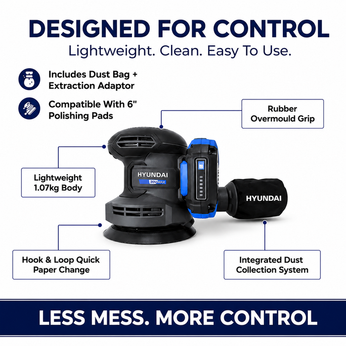 Hyundai 20V Cordless ORBITAL SANDER KIT– 125mm Variable Speed + 2.0Ah Battery & Fast Charger - Wood Sanding, Paint Prep & DIY Renovation
