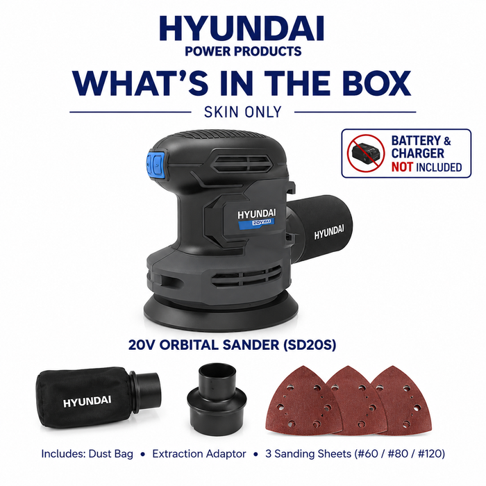 Hyundai 20V Cordless Orbital Sander – 5” Pad, Dust Collection, Variable Speed Control – Skin Only