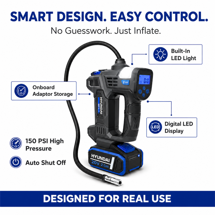 Hyundai 20V Cordless Tyre Inflator – Digital PSI Gauge, Auto Shutoff, Work Light & Emergency Beacon – Skin Only