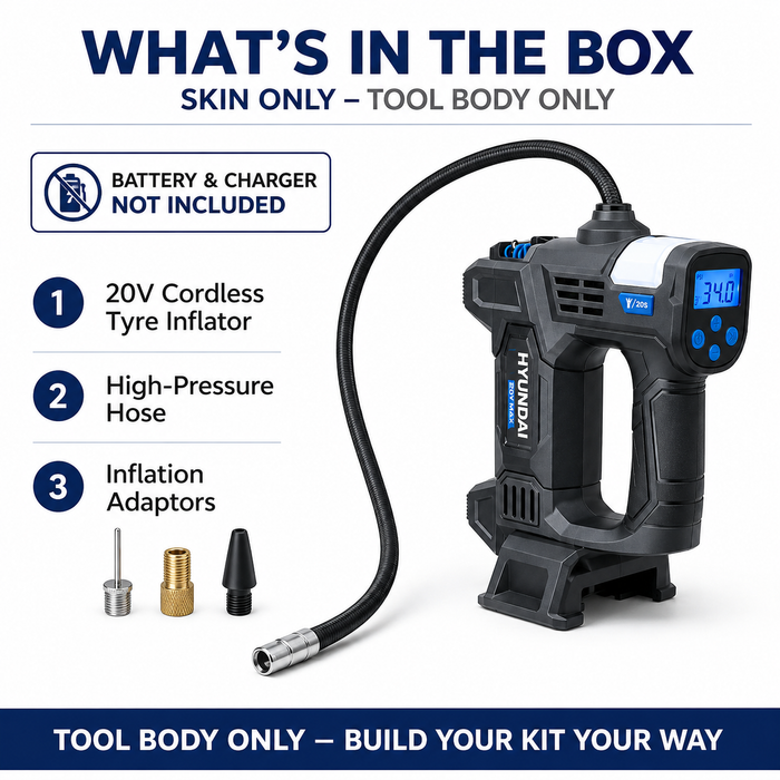 Hyundai 20V Cordless Tyre Inflator – Digital PSI Gauge, Auto Shutoff, Work Light & Emergency Beacon – Skin Only