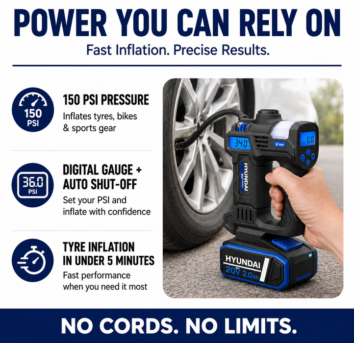Hyundai 20V Cordless Tyre Inflator – Digital PSI Gauge, Auto Shutoff, Work Light & Emergency Beacon – Skin Only