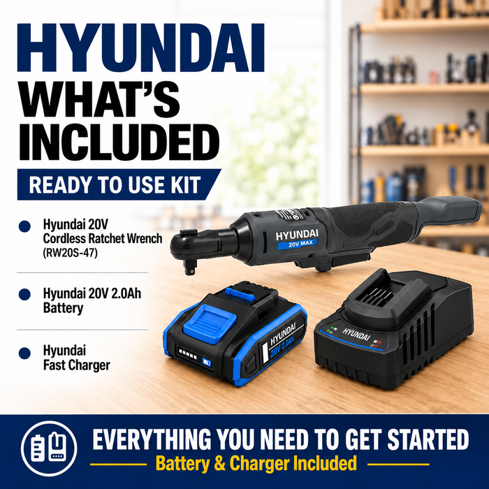 Hyundai 20V Cordless Ratchet Wrench Kit – 47Nm, LED, Compact Head, FWD/REV Switch + 20V 2Ah Lithium-Ion Battery & Charger Kit