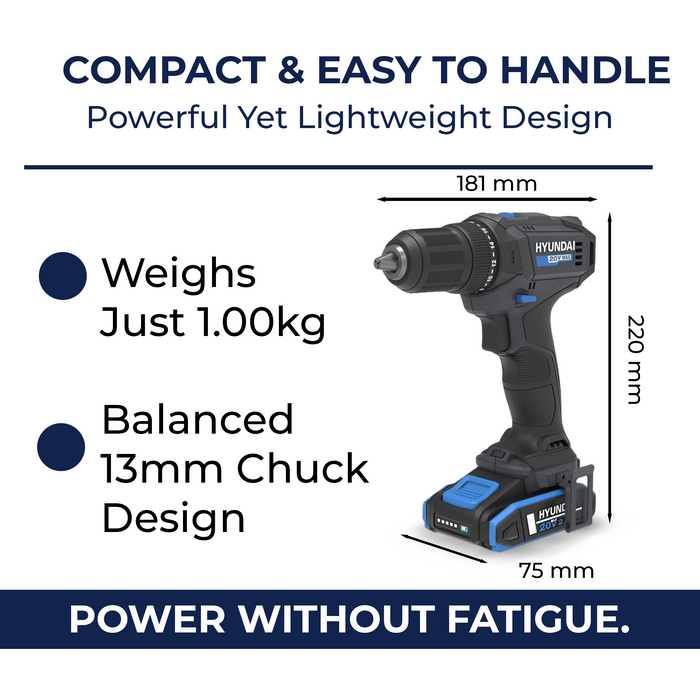 Hyundai 20V 40Nm Cordless Drill Driver, 2Ah Battery and Charger, 2-Speed, LED Light, 13 mm Chuck