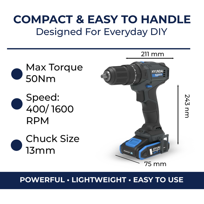 Hyundai 20V Cordless Hammer Drill 50Nm – Complete 75-Piece DIY Tool Kit with Battery, Charger & Case | Hammer Drill Driver Australia