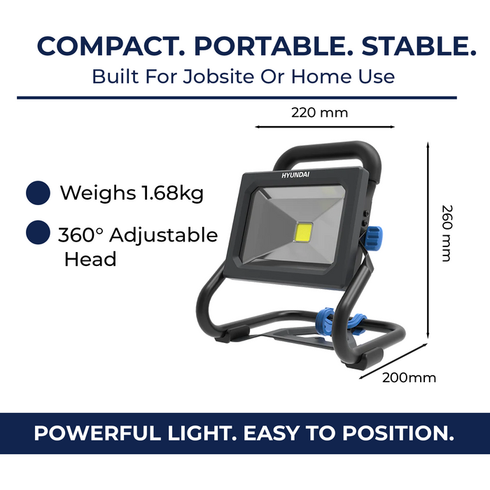 Hyundai 20V Portable LED Work Light Kit – 1600 Lumen Flood Light + 2.0Ah Battery & Fast Charger - DIY, Garage, 4WD & Camping Essential (WL20S-1600/B120-2/C20-2)