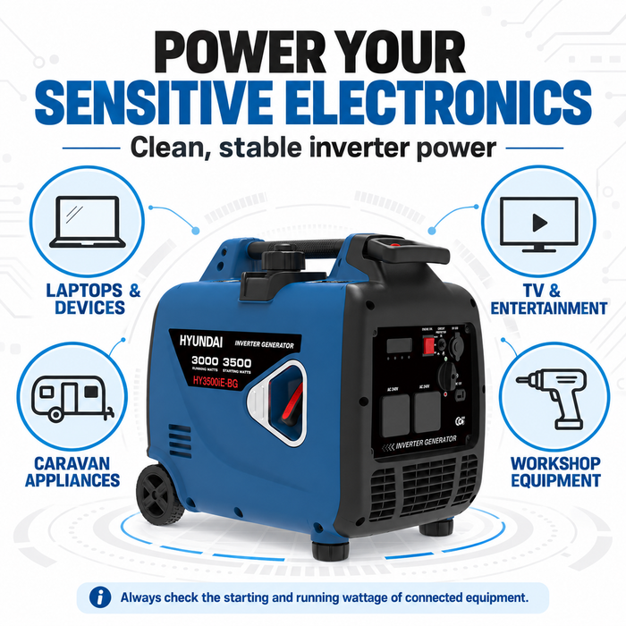 Hyundai 3500W Inverter Generator – Electric Start, Quiet & Portable Power for Camping, Caravans & Home Backup