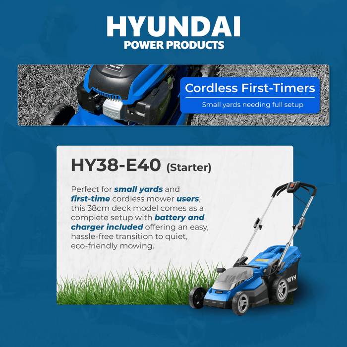 Hyundai 15" 40V Battery Lawn Mower Kit – Push Mower + 2.0Ah Battery & Charger (HY38-E40-STARTER)