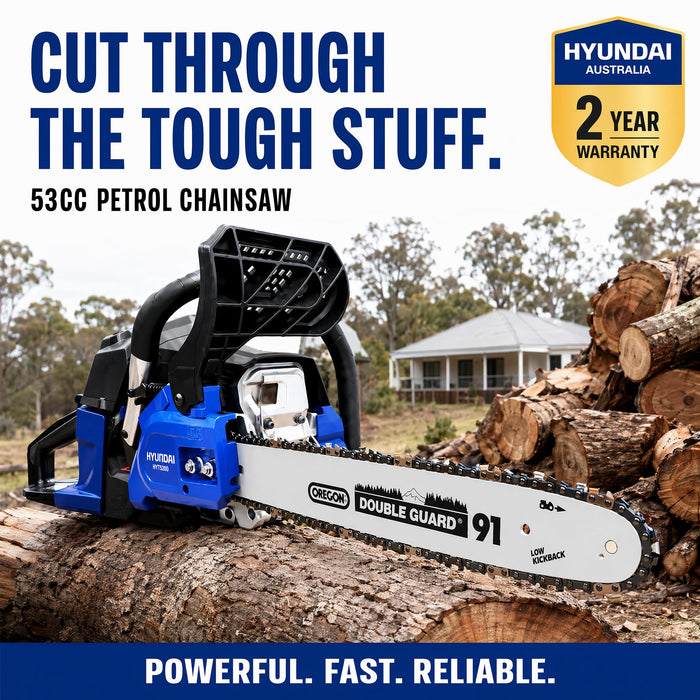 Hyundai 18" Petrol Chain Saw – 53cc 2-Stroke, Oregon Bar, Anti-Vibration, Auto Chain Lube, Kick-Back Protection