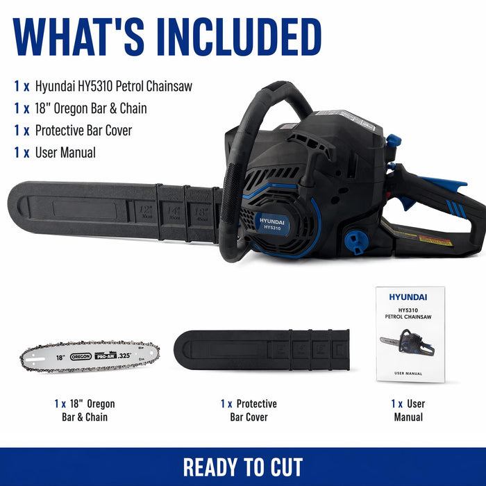 Hyundai 18" Petrol Chain Saw – 53cc 2-Stroke, Oregon Bar, Anti-Vibration, Auto Chain Lube, Kick-Back Protection