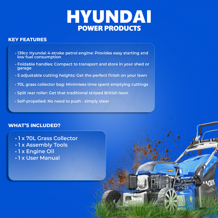 Hyundai 19"/48cm 139cc Self-Propelled Petrol Roller Lawnmower | HYM480SPR