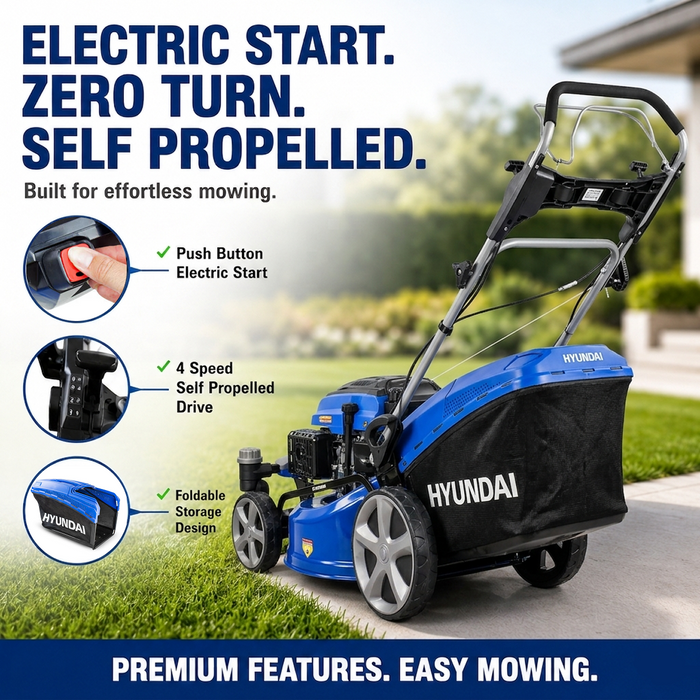 Hyundai 20" Petrol Lawn Mower Zero Turn – Electric Start, Self-Propelled, 170cc Engine, 70L Grass Collector