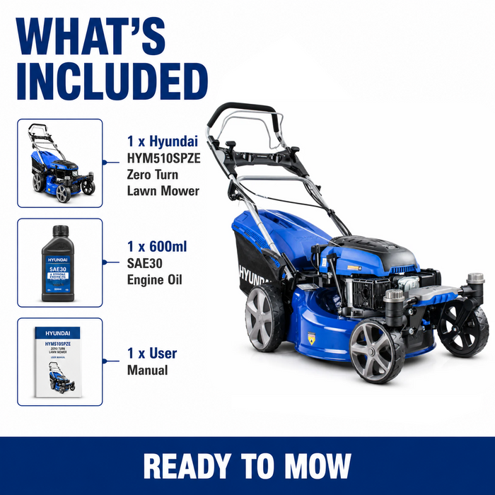 Hyundai 20" Petrol Lawn Mower Zero Turn – Electric Start, Self-Propelled, 170cc Engine, 70L Grass Collector