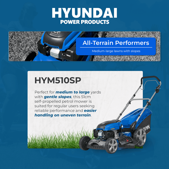 Hyundai 20" Petrol Lawn Mower – Self Propelled, 170cc OHV Engine, Steel Deck, Easy Start, Rear Wheel Drive (HYM510SP)