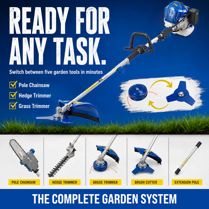 Hyundai 33cc 5-IN-1 Petrol Garden Tool Set – Hedge Trimmer, Chainsaw, Brush Cutter & More