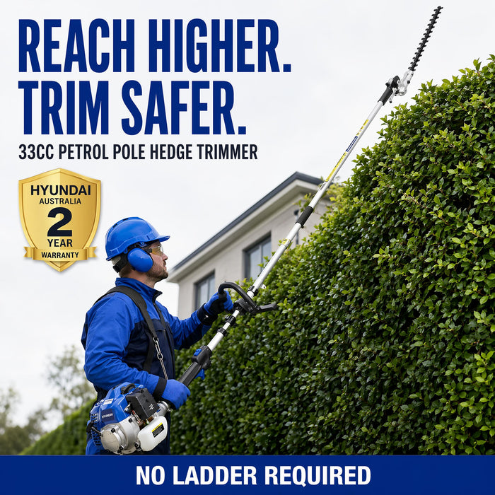 Hyundai 33cc Petrol Pole Hedge Trimmer – 3m Reach, Dual Blade, Pivot Head