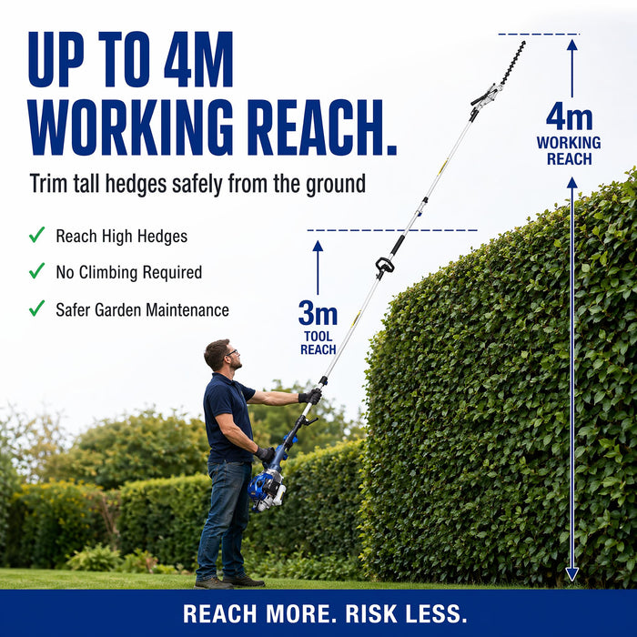 Hyundai 33cc Petrol Pole Hedge Trimmer – 3m Reach, Dual Blade, Pivot Head
