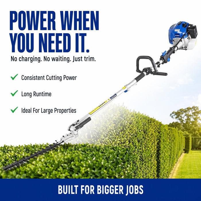 Hyundai 33cc Petrol Pole Hedge Trimmer – 3m Reach, Dual Blade, Pivot Head