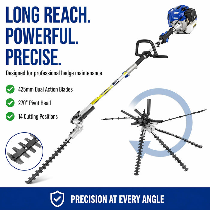 Hyundai 33cc Petrol Pole Hedge Trimmer – 3m Reach, Dual Blade, Pivot Head