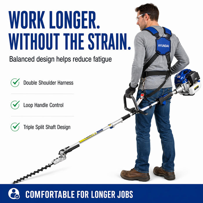 Hyundai 33cc Petrol Pole Hedge Trimmer – 3m Reach, Dual Blade, Pivot Head