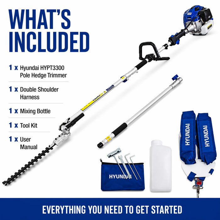 Hyundai 33cc Petrol Pole Hedge Trimmer – 3m Reach, Dual Blade, Pivot Head