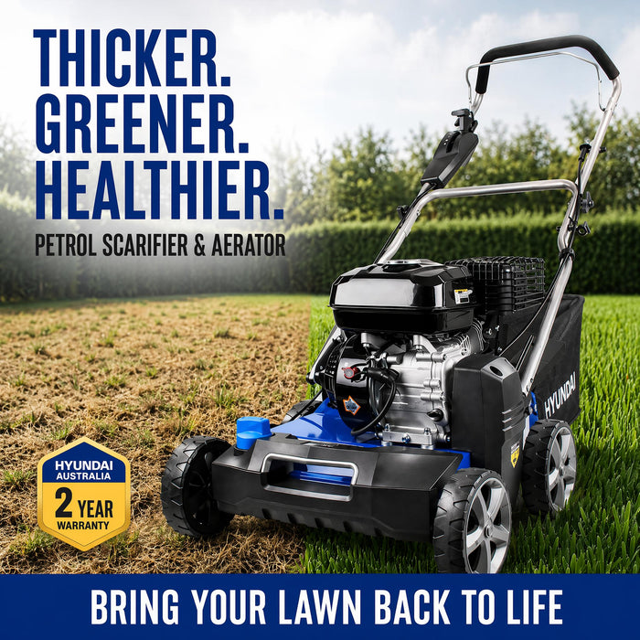 Hyundai Petrol Lawn Scarifier & Aerator 2-in-1,  212cc Engine, 400mm Width, 45L Catcher