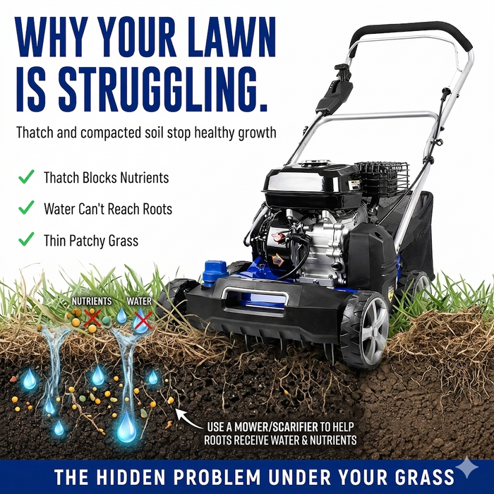 Hyundai Petrol Lawn Scarifier & Aerator 2-in-1,  212cc Engine, 400mm Width, 45L Catcher