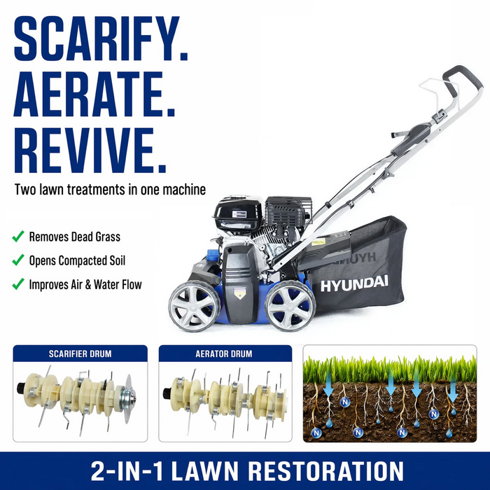 Hyundai Petrol Lawn Scarifier & Aerator 2-in-1,  212cc Engine, 400mm Width, 45L Catcher