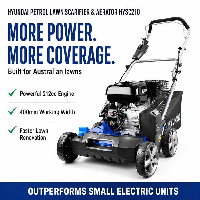 Hyundai Petrol Lawn Scarifier & Aerator 2-in-1,  212cc Engine, 400mm Width, 45L Catcher