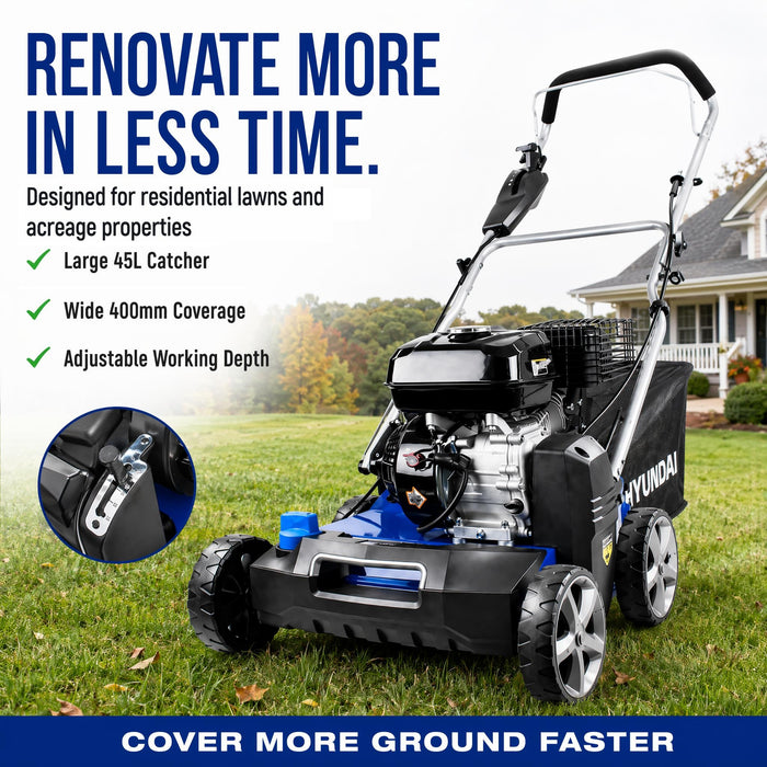Hyundai Petrol Lawn Scarifier & Aerator 2-in-1,  212cc Engine, 400mm Width, 45L Catcher