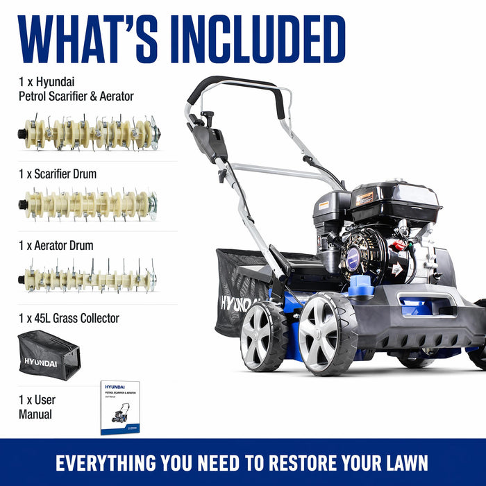 Hyundai Petrol Lawn Scarifier & Aerator 2-in-1,  212cc Engine, 400mm Width, 45L Catcher